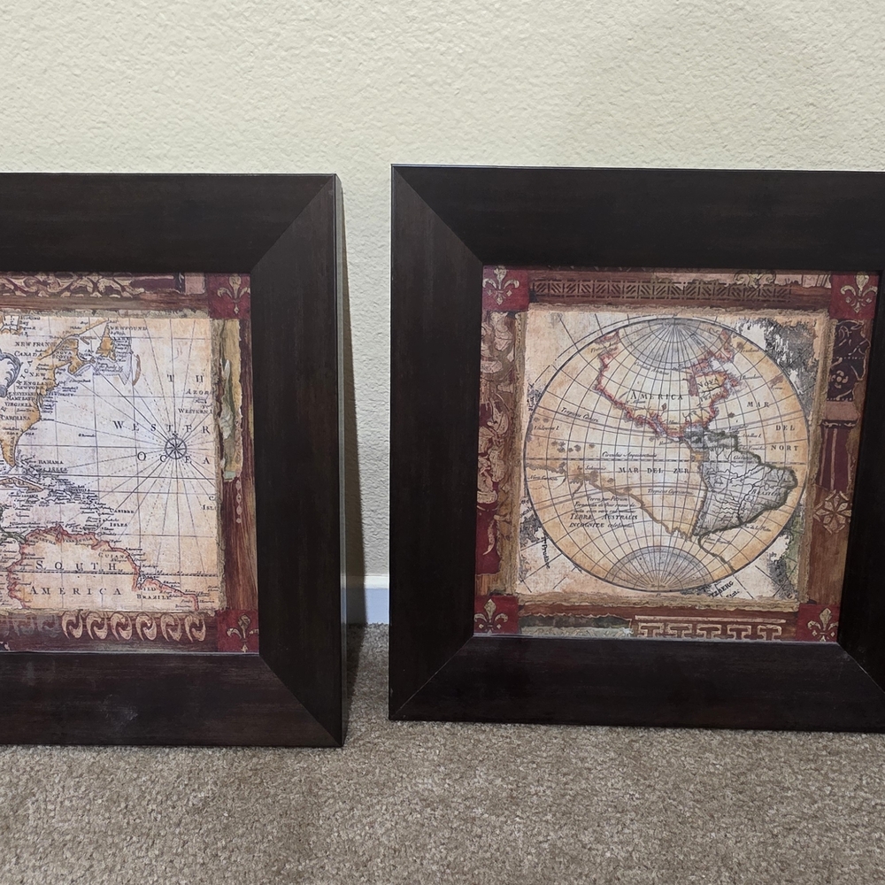 Vintage World Map Framed Wall Art Set - Brown and Red